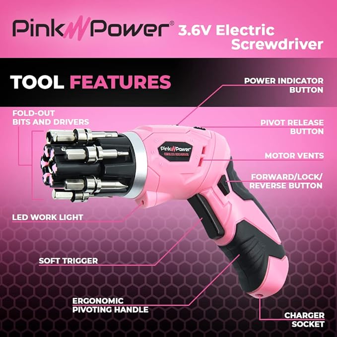 Pink Power Cordless Electric Screwdriver Set - 4V Rechargeable Pink Cordless Screwdriver Set for Women with Bubble Level and LED Light - Small Screwdriver Set with Pivotal Handle and Fold-Out Bits