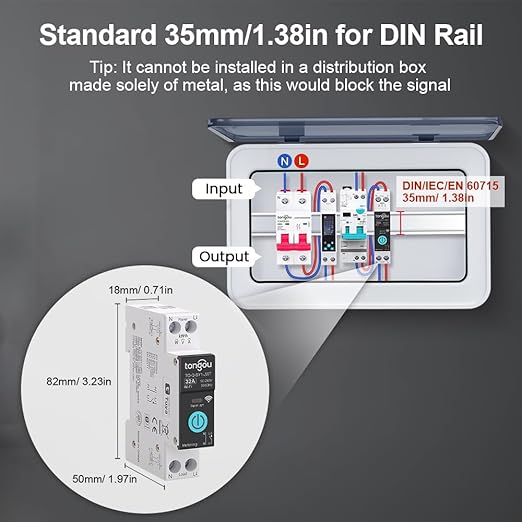DIY 1P+N Smart Wi-Fi Switch, Work with Alexa and Google Assistant for Voice Control, 32A with Energy Monitor, Smart Life/Tuya APP Remote Control, Timer Functions, DIN Rail Mounted,FCC Certified