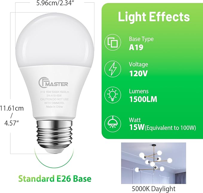 A19 LED Light Bulb, LED Bulbs 100 Watt Equivalent, 5000K Daylight Light Bulbs, 1500 Lumens, E26 Standard Base Lightbulb, Non-Dimmable 15W Bright White Bulbs for Home, ETL Listed(4-Pack)