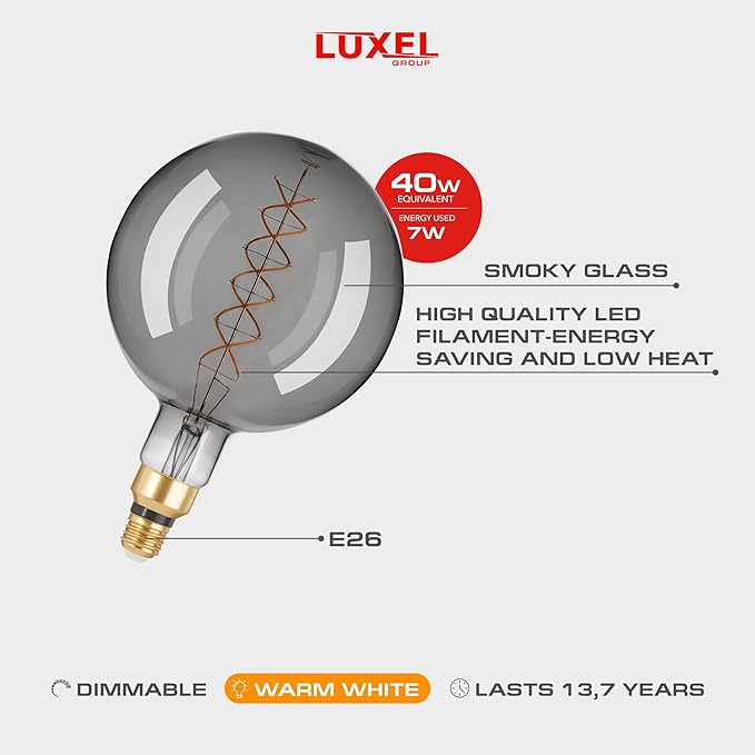 Oversized Edison LED Light Huge Bulb Vintage G63(G200) 7W Equivalent 40W - Dimmable 2200K Warm Glow - 350 Lumens E26 Base - Large Filament Decorative Bulbs - 360° Beam (Smoky Glass)