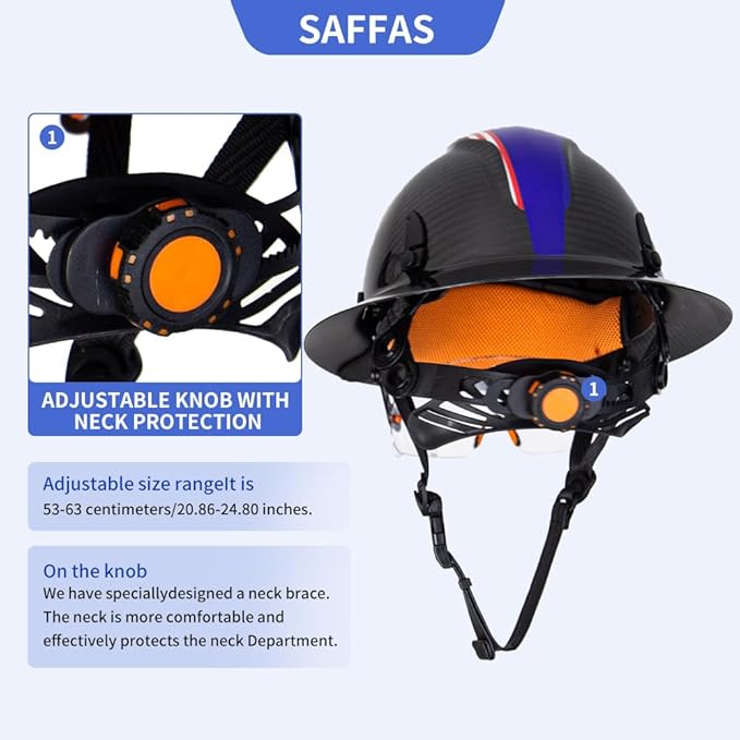 Carbon Fiber Full Brim Hard Hat Safety Helmet with Goggles and Leather Chin Strap 6-Point Suspension Adjustable Knob with Neck Protection