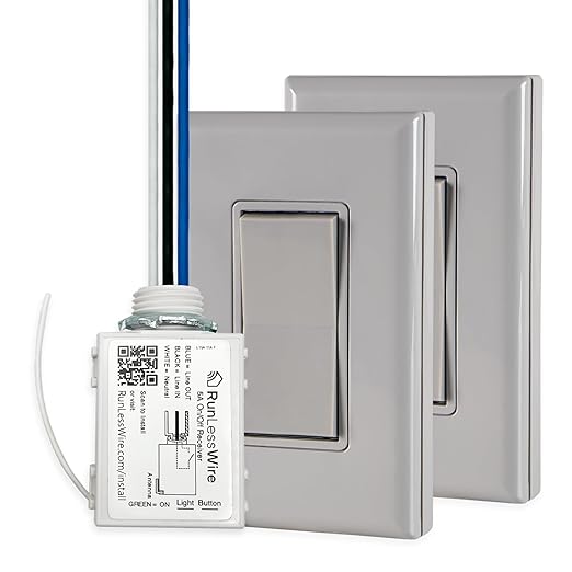 RunLessWire 3-Way Battery-Free DIY Wireless Light Switch Kit 150ft RF Range Self-Powered by Kinetic Energy for Hallways & Stairways: 2 Remote Switches Control 1 5A On/Off Receiver – Gray