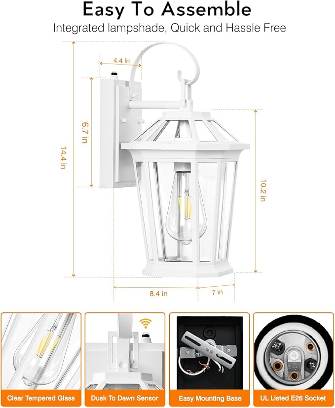 VIANIS Outdoor Porch Lights - Dusk to Dawn Exterior Wall Lights, 100% Anti-Rust Aluminum Waterproof, White Sconce Lanterns for Garage