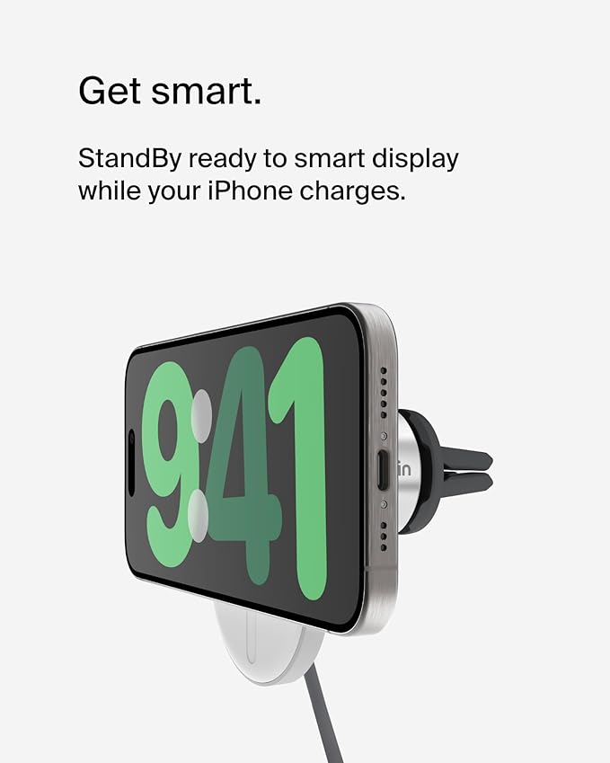 Belkin MagSafe-Compatible Wireless Car Charger with 15W Fast Charging, Powerful Magnetic Vent Holder for iPhone 16, 15, 14, 13, and 12 Series, Secure Car Phone Mount - White