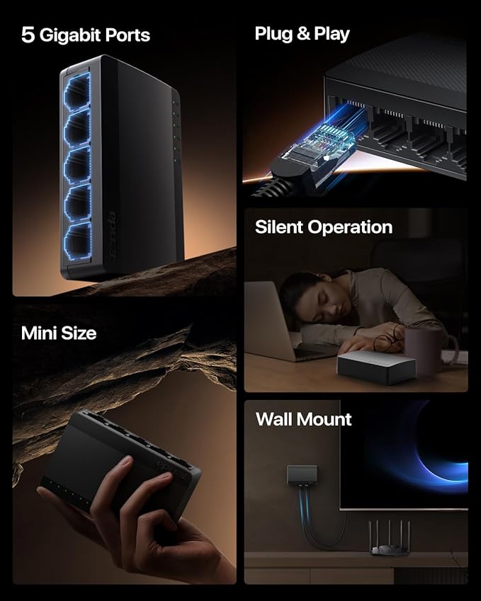 Tenda SG105, 5 Port Gigabit Switch, Unmanaged Ethernet Switch, Office Ethernet Splitter, Plug & Play, Plastic Case, Desktop/Wall-Mount, Fanless Quiet, Limited Lifetime Protection