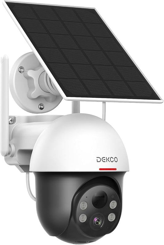 DEKCO Solar Security Camera Outdoor Wireless, Battery Powered, Panoramic Pan Tilt Zoom, Auto Motion Tracking, True 2K, Color Night Vision, Spotlight, 2-Way Talk
