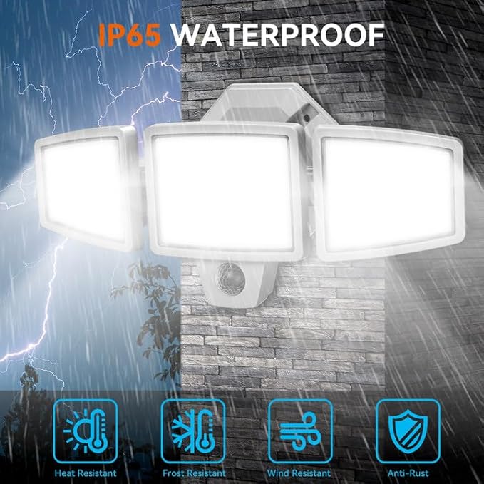 LED Security Lights Motion Sensor Outdoor Lights, 5000K Daylight, IP65 Waterproof, Dusk to Dawn, 3-Head Motion Detected Flood Light for Garage, Yard, Porch, White, 2 Pack