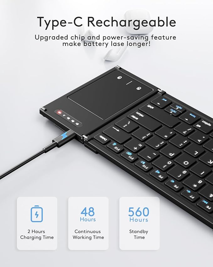 Samsers Foldable Bluetooth Keyboard with Touchpad, Full-Size Wireless Folding Keyboards with Holder, Rechargeable Portable Travel for iOS Windows Android Mac OS, Support 3 Devices (BT5.1 x 3)