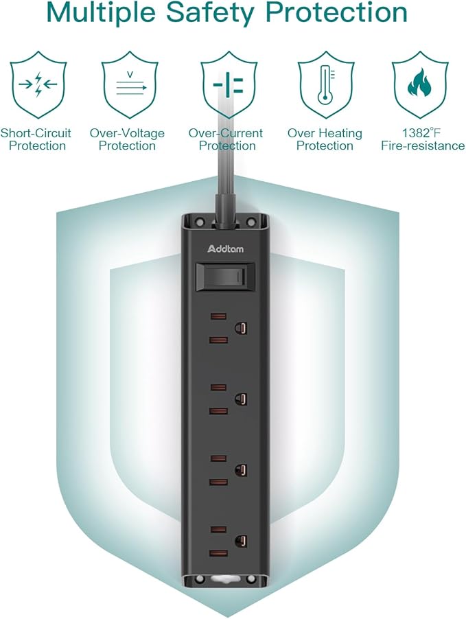 Extension Cord Flat Wall Plug - Surge Protector Power Strip with 12 Outlets, 5ft, Outlet Extender with Multiple Outlets, Wall Mount, Desk Charging Station for Home Office Dorm Room Essentials, Black