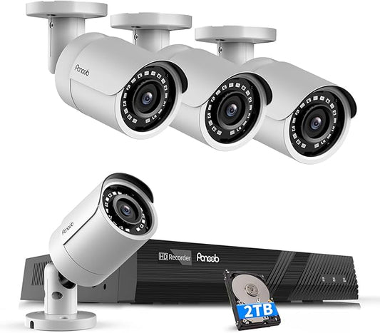 4K Security Camera System, 4pcs 8MP Wired Home Bullet IP Cameras with Microphone, AI Human Vehicle Detection, 100ft IR Night Vision, 4K 8 Channel NVR 2TB HDD for 24/7 Recording, PB37F0408-8M