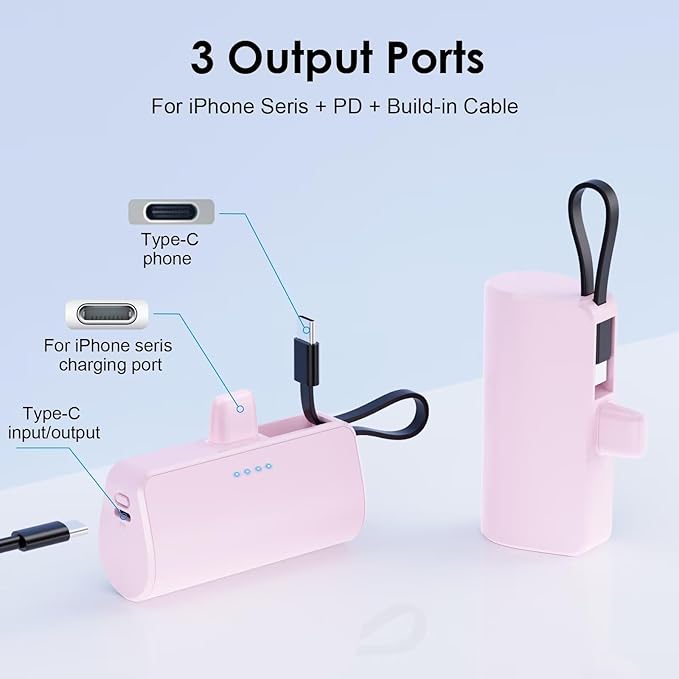 Mini Portable Charger for iPhone with Built-in Type-C Cable, 5200mAh Ultra-Compact Power Bank, PD 20W Fast Charging Battery Pack Phone Charger for iPhone 16/15/14/13, Samsung, Google, Android (Pink)