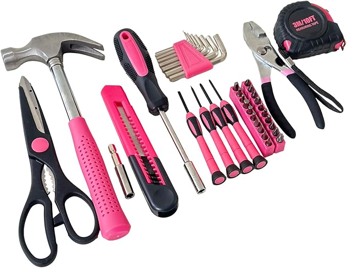 39-Piece Household Tools Kit - Portable and Essential Repair Set Ideal for Women, College Students, Home Use & More (39p-Pink)