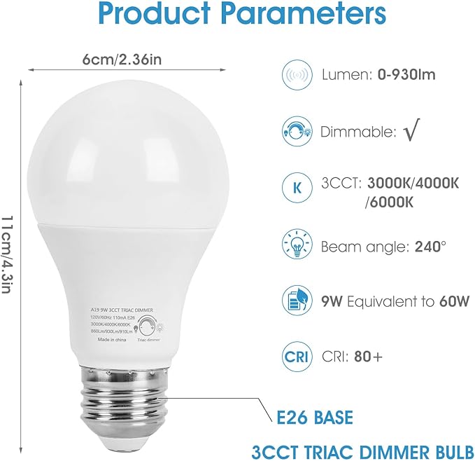Triac Dimmable A19 LED Light Bulbs, 3 Color 4000K/3000K/6000K, 9W (60 Watt Equivalent), 930 Lumens, E26 Base, 8-Pack