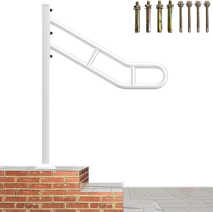 Upgraded Single Post Handrail, White Bent Wrought Iron Handrails for Outdoor 1-3 Steps, Metal Freestanding Stair Railing, Floor Mounted Hand Rails with 2 Anti-Skid Crossbar for Garage, 32"L x 35.8" H