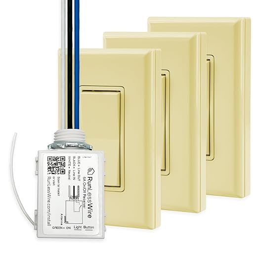 RunLessWire 4-Way Battery-Free DIY Wireless Light Switch Kit 150ft RF Range Self-Powered by Kinetic Energy for Hallways & Stairways: 3 Remote Switches Control 1 5A On/Off Receiver – Ivory