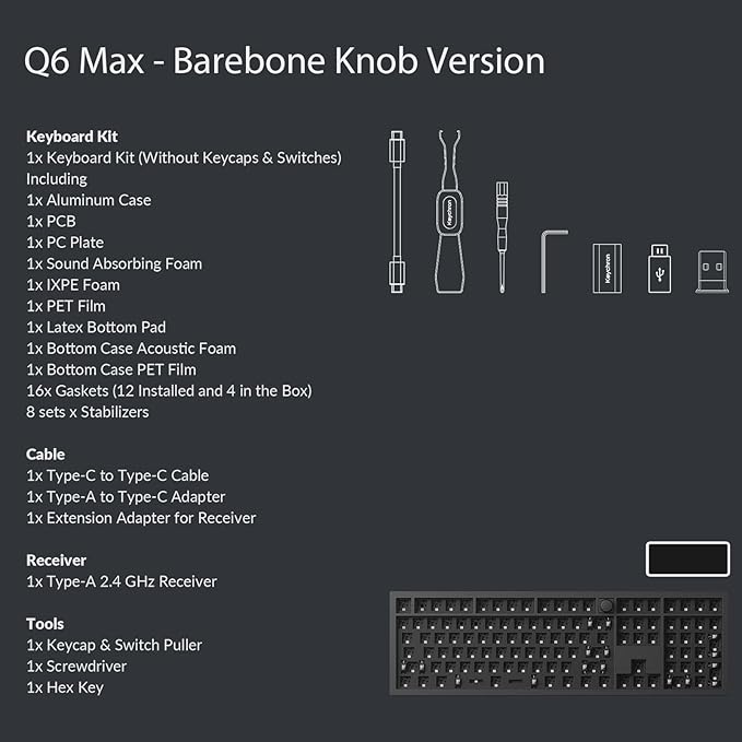 Keychron Q6 Max QMK/VIA Wireless Custom Mechanical Keyboard Barebone Knob Version, Full-Metal Hot-Swappable RGB Backlight 2.4 GHz/Bluetooth/Type-C Wired for Mac/Windows/Linux - Black
