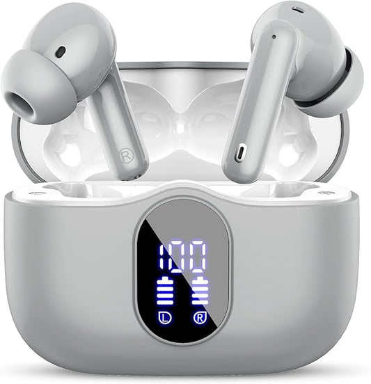 Wireless Earbuds, Bluetooth 5.4 Headphones Bass Stereo, Ear Buds with Noise Cancelling Mic, IP7 Waterproof in Ear Earphones, 36H LED Display Bluetooth Earbuds for Laptop Pad Phones Sports, Grey
