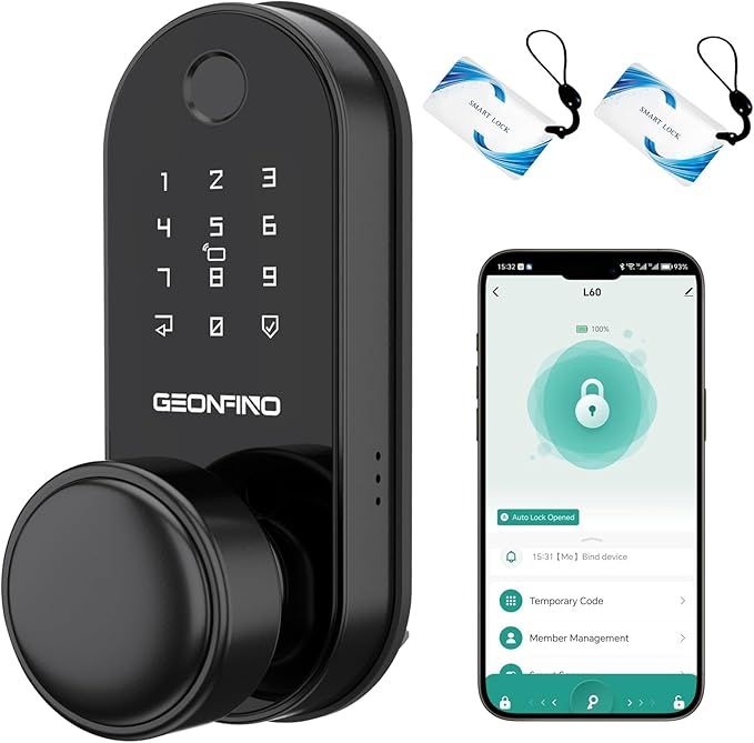 GEONFINO Smart Door Lock with Knob, Keyless Entry Door Lock with Handle, Black Digital Deadbolt for Home