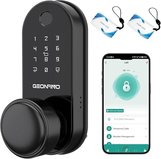 GEONFINO Smart Door Lock with Knob, Keyless Entry Door Lock with Handle, Black Digital Deadbolt for Home