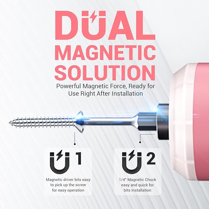 4V Electric Screwdriver Set, 5 N.m with 2000 mAh Li-ion Battery, 1/4" Magnetic Hex Chuck, USB-C Charging Cable, 18 Driver Bits for Furniture Repairs, Pink