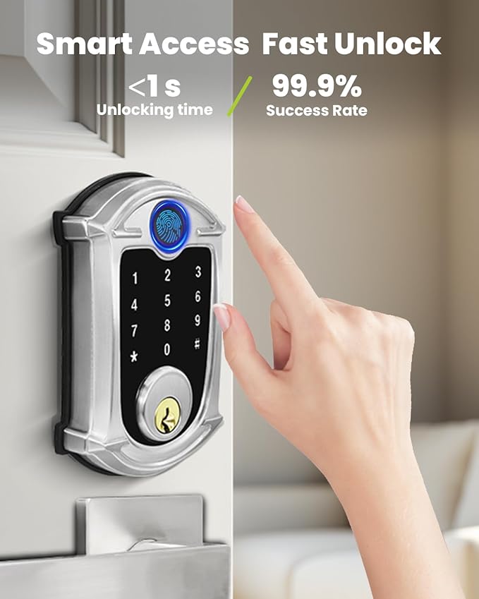 Keyless-Entry Deadbolt Smart Lock Waterproof IP56 Digital Exterior Locks for Front Door,Smartphone Control Fingerprint Door Lock with Keypad and Key Fob Satin Nickel - UF02-SN GreenShield