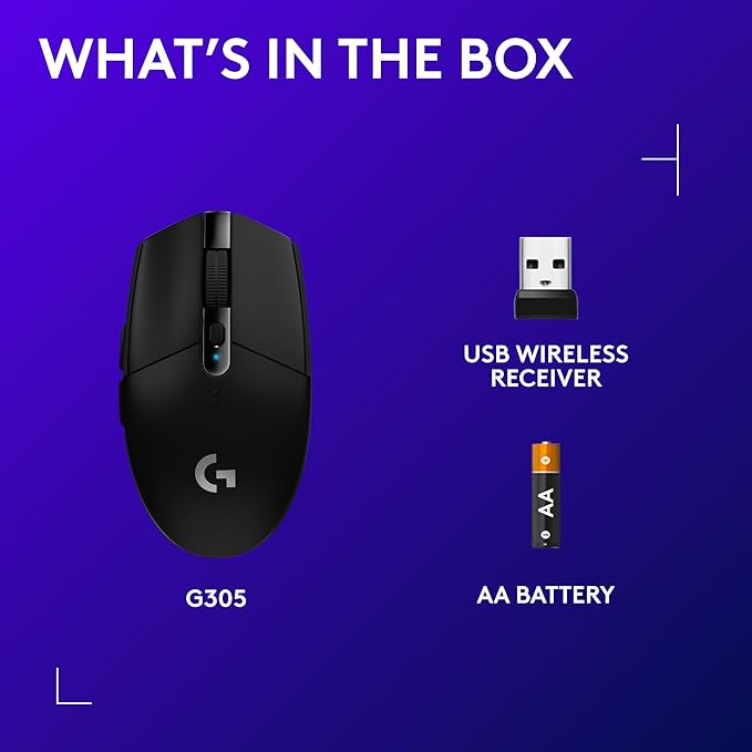 Logitech G305 LIGHTSPEED Wireless Gaming Mouse, Hero 12K Sensor, 12,000 DPI, Lightweight, 6 Programmable Buttons, 250h Battery Life, On-Board Memory, PC/Mac - Black