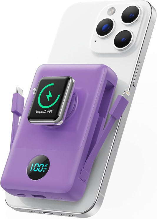 Magnetic Portable Charger for iPhone with Built-in Cables, 6-in-1 10800mAh Power Bank with iWatch Charger & LCD Display,25W Fast Charging Battery Pack for iPhone 16/15/14/13/12,Apple Watch (Purple)