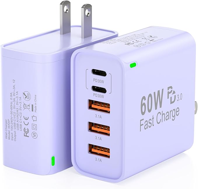2Pack USB C Fast Charger Block, 60W 5-Port USB C Wall Charger 30W Type C Charging Block, 2USB C+3USB A PPS/PD 3.0 Multiport Charging Cube for iPhone 16 15 14 13 Pro Max,for Galaxy S25 S24 Ultra, i Pad