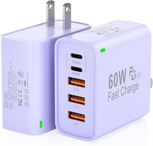 2Pack USB C Fast Charger Block, 60W 5-Port USB C Wall Charger 30W Type C Charging Block, 2USB C+3USB A PPS/PD 3.0 Multiport Charging Cube for iPhone 16 15 14 13 Pro Max,for Galaxy S25 S24 Ultra, i Pad