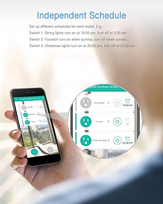 Outdoor Smart Plug Waterproof, TESSAN WiFi Smart Outlet Switch with 3 Individual Sockets Compatible with Alexa Google Home, Remote Control and Timer Function, 2.4GHz Wi-Fi Only