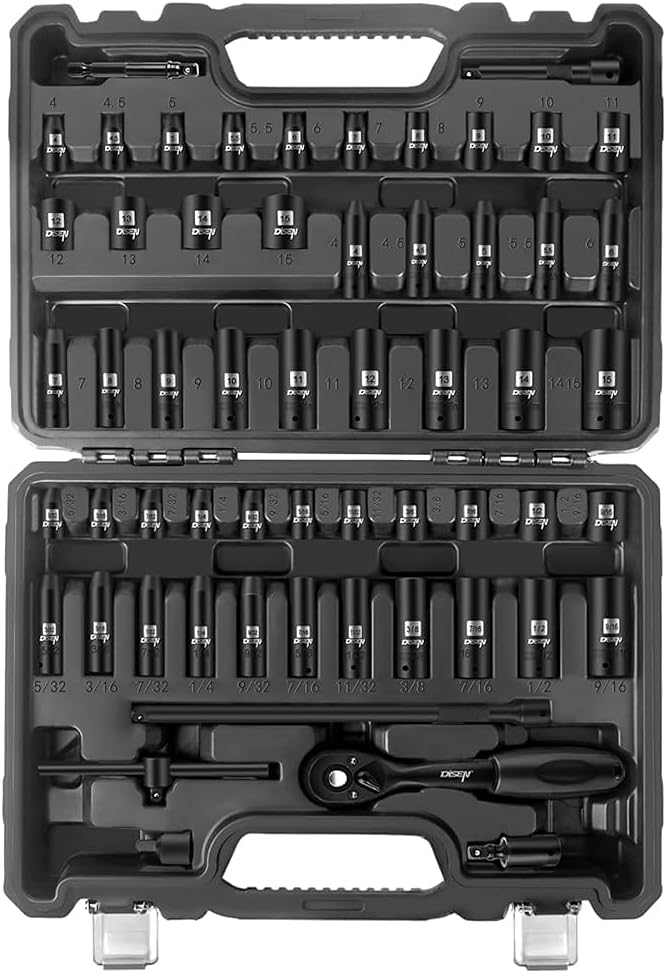 DISEN 57 PCS 1/4" Drive Impact Socket Set Shallow & Deep Socket Set SAE(5/32"-9/16") & Metric(4-15mm) with Universal Joint, Extension Bar, 3/8 to 1/4 Reducer, Ratchet Handle, Adapter
