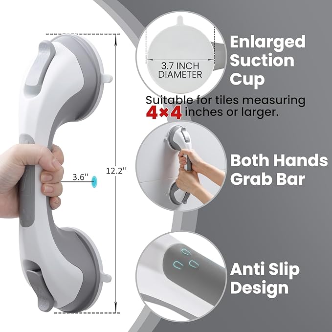 TAILI Shower Grab Bar Glow in The Dark, 2 Pack 12.2 in Grab Bars for Bathtubs and Showers,Shower Handles Shower Rails for Seniors and Elderly,Bathroom Safety Grip Removable No Drilling Waterproof Grey