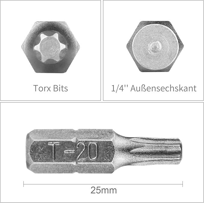 HPHOPE T20 Screwdriver Bit Set, Torx Bits T20, 1/4" Hexagon Bit (Length: 1", 25 Pack)