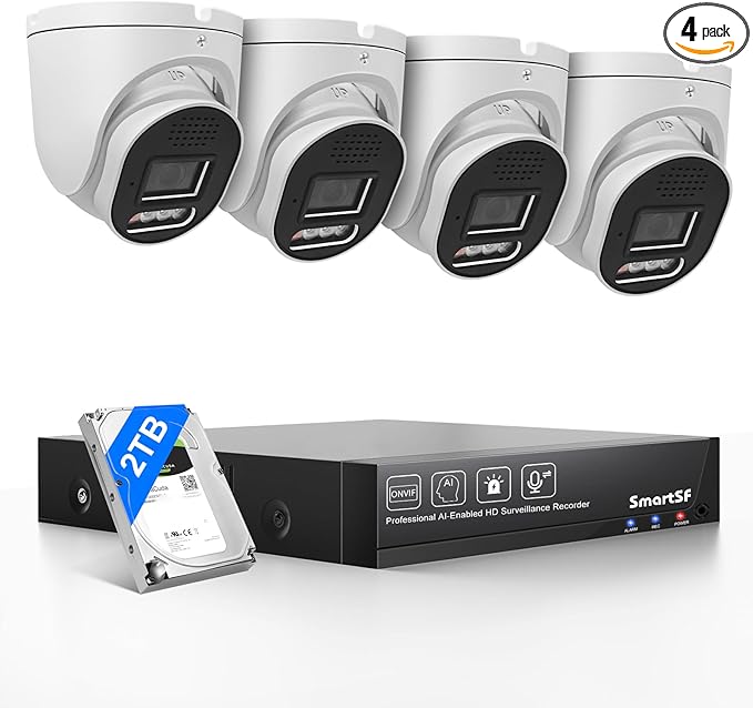 POE Security Camera System, 4pcs 5MP Indoor Outdoor PoE Cameras, Color Night Vision, Smart Human Detection, Wired Security Camera System, 8CH NVR with 2TB HDD for 24/7 Recording
