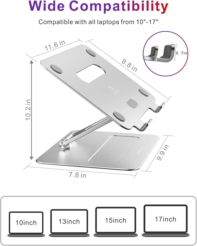 Adjustable Laptop Stand for Desk | Ergonomic Aluminum MacBook Riser with Heat-Vent, Compatible for 10-17" Laptops, Silver