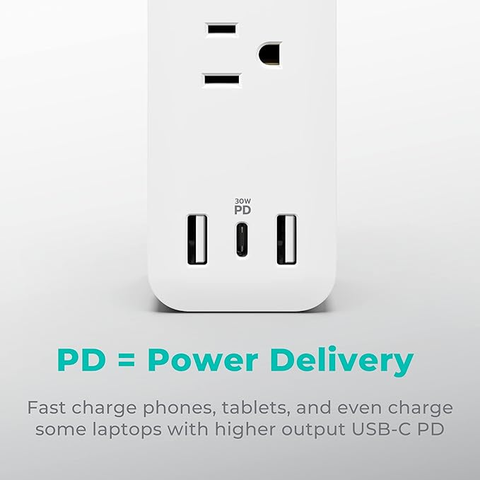 KMC USB-C PD Surge Protector 3-Outlet Power Strip 2-Pack, 30W Power Delivery USB-C Port, 2 USB-A Ports, 980J Surge Protection, 6-Foot Extension Cord, White