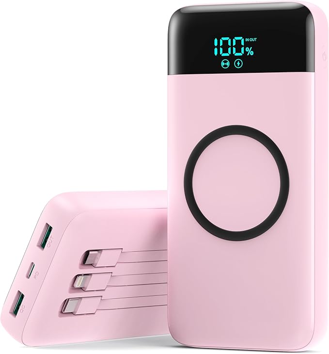 Wireless Portable Charger 40800mAh for iPhone with 3 Built-in Cables,7-in-1 15W Wireless Charging USB C Power Bank,LCD Display 25W PD QC 4.0 Fast Charging Battery Pack for iPhone 16/15/14/13/12-Pink