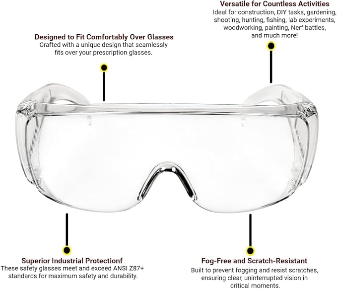 Bulk Packs Safety Glasses Over Eyeglasses - (ANSI Z87, Anti-Fog, Scratch-Resistant, UV Protection)