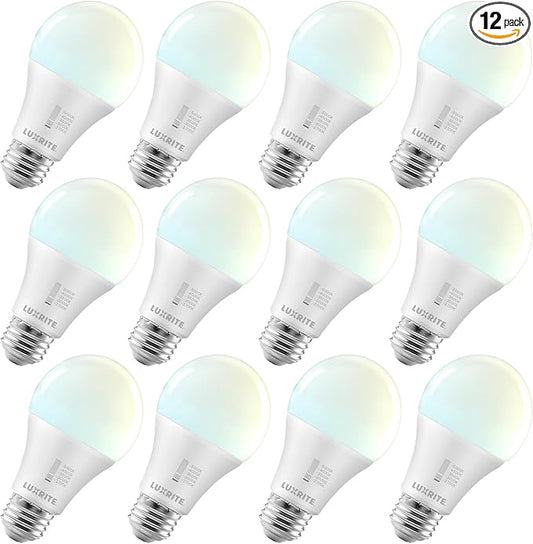 LUXRITE A19 LED Light Bulb 75 Watt Equivalent, CRI90, 5CCT Selectable 2700K 3000K 3500K 4000K 5000K, Dimmable, 1100LM, Standard LED Light Bulbs 11W, E26 Medium Base, ETL - Indoor Outdoor (12 Pack)