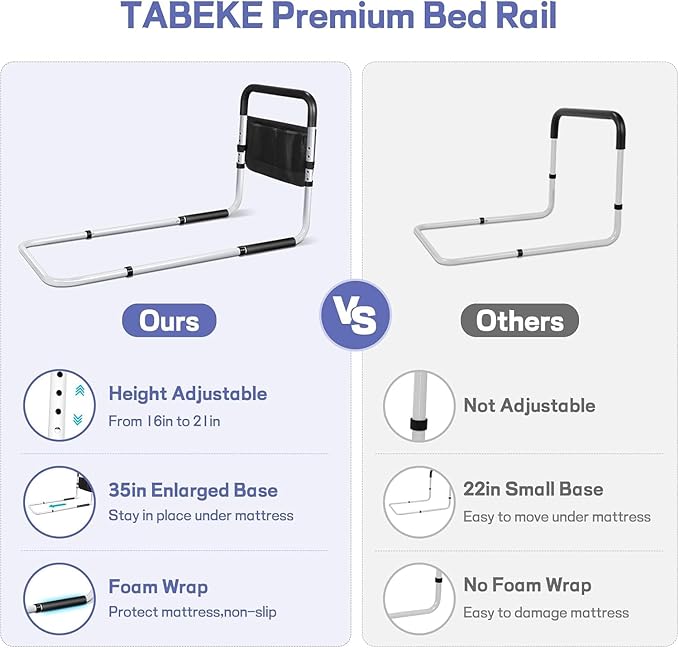 TABEKE Bed Rails for Elderly Adults Safety, Adjustable Senior Bed Assist Rail with Non-Slip Handle and Double Side Storage Pocket Fits King, Queen, Full, Twin Bed