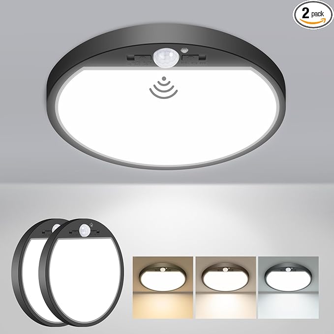 slochi 2Pack Motion Sensor Light Indoor Wired PIR, 3000K/4000K/6500K Closet Lights Motion Sensored, 15W 1500LM 7 in, Timer, Motion Activated Flush Mount Ceiling Light for Hallway Wall Pantry, Black