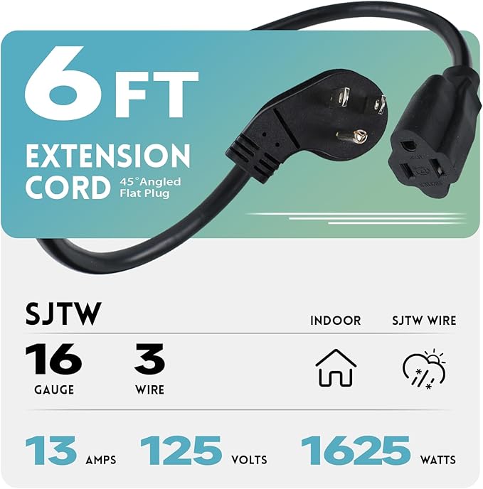 EP 2 Pack 6 Ft Flat Plug Extension Cord, 16 AWG 3 Prong Grounded Black Low Profile Extension Cable for Indoor, UL Listed