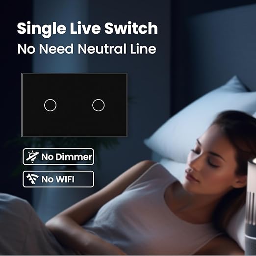Light Switch No Neutral Wire,Single Live Wire Light Switch No WiFi,Tempered Glass Panel,Total Power Maximum 1000W,FCC Certification,Black 2 Gang