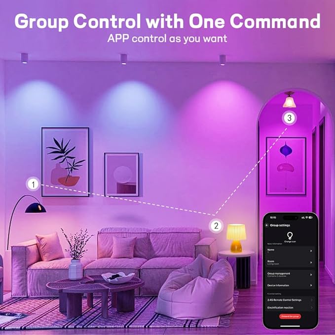 Smart LED Bulbs, Bluetooth Light Bulbs, RGB+CCT Color Changing Light Bulbs with App Control, A19, E26, 10W Music Sync and 8 Scene Mode for Living Room Bedroom Party (Not Support WiFi/Alexa) (4)