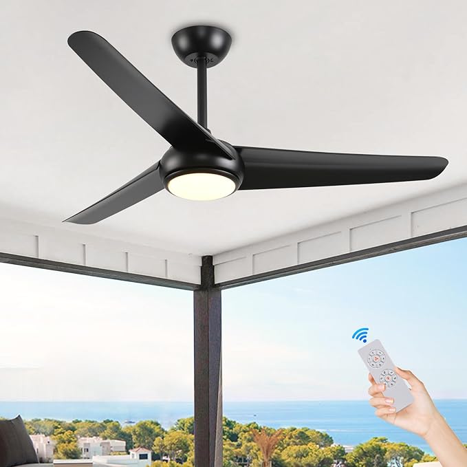 KINDLOV 52 inch Ceiling Fans with Lights and Remote,Outdoor Ceiling Fan with Light,6 Speeds,3CCT,Reversible Black Ceiling Fan for Bedroom Patio Living Room,Indoor/Outdoor Use