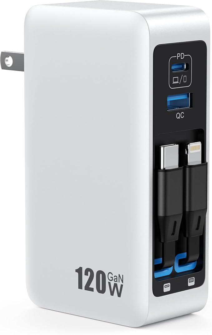 120W USB C Charger Block with 2 Built-in Retractable Cables,4-in-1 GaN IV Foldable Plug Wall Charger Fast Charging Station,PD 65W Laptop Adapter for MacBook/iPad,iPhone 16/15/14,Android (White)