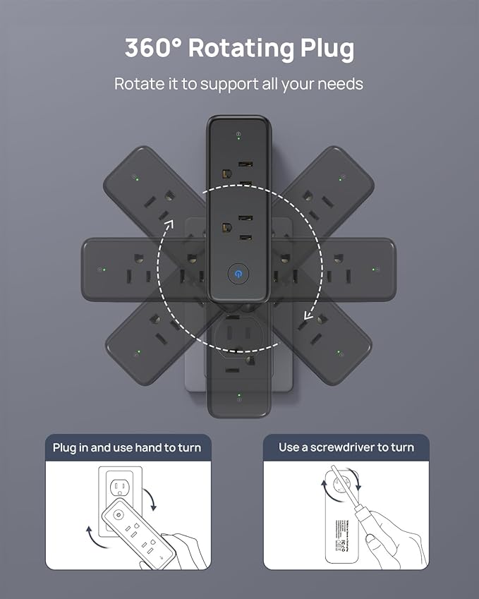 TROND Outlet Extender Surge Protector - 6 AC Outlet Splitter with 360° Rotating Plug, 1440J Multi Plug Expander, 3 Way Swivel Plug Extension Outlet, Wall Adapter for Bathroom Kitchen Travel, Black
