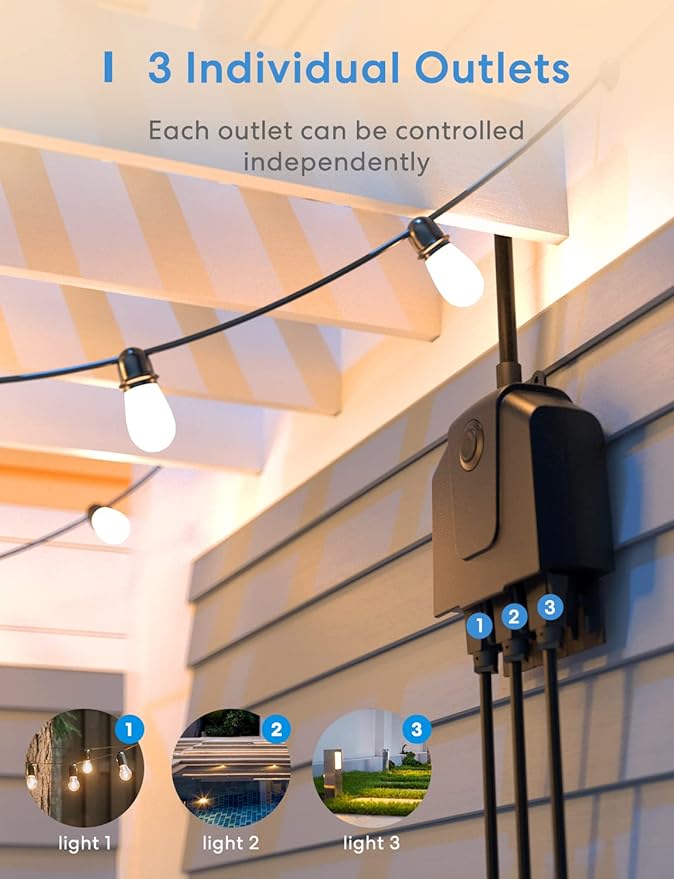 Outdoor Smart Plug, meross Outdoor Wi-Fi Outlet with 3 Independent Sockets Compatible with Apple Homekit, Alexa and SmartThings, Voice & Remote Control, Timer, 2.4 GHz only,Black