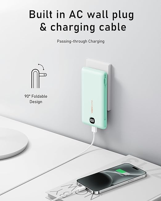 VEEKTOMX Portable Charger with Built in Cables 10000mAh, Power Bank for iPhone with Wall Plug, Travel Essential Fast Charging Slim USB C External Battery Pack for iPhone16/15/14, Samsung, iPad, etc