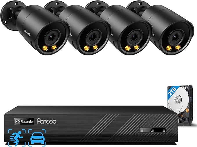 Security Camera System PoE, 4X 4MP Wired Bullet IP Cameras Outdoor Built-in Microphone, AI Human Vehicle Detection, 5MP 8CH NVR with 2TB HDD, Smart Color Night Vision, PB38F30408-4MD?Black